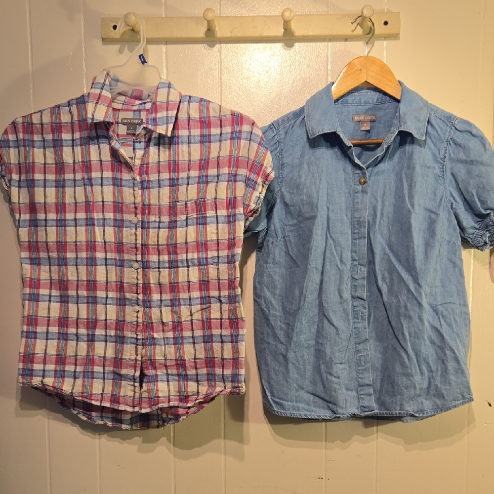 2 Falls Creek Ladies Multicolor Plaid and Light Blue Button Down Shirts